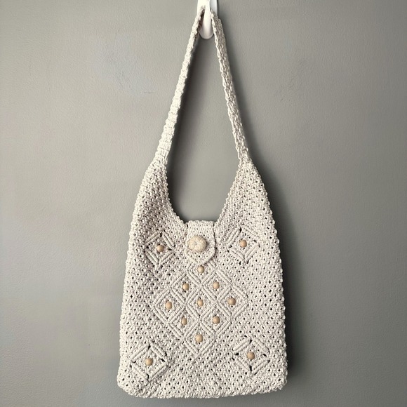 Macrame Hobo Bag Boho Shoulder Bag Woven Cotton Crochet Purse Coastal Boho - Picture 1 of 8
